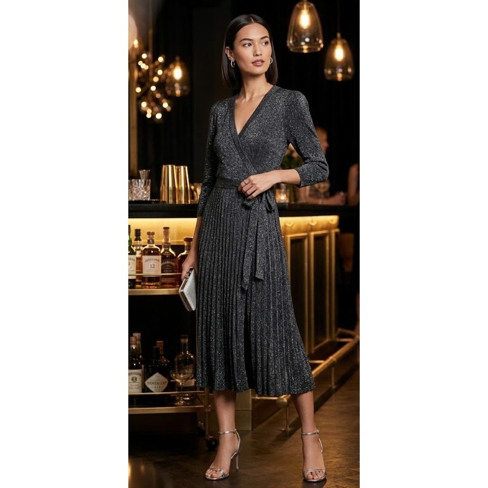 Kate Spade Metallic Pleated Knit Midi Dress Silver Black Shimmer XXS